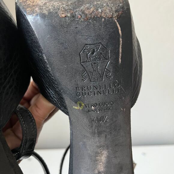 Brunello Cucinelli Black Leather Platform Block Heel Peep T-Strap Sandals 40.5 - Picture 8 of 13